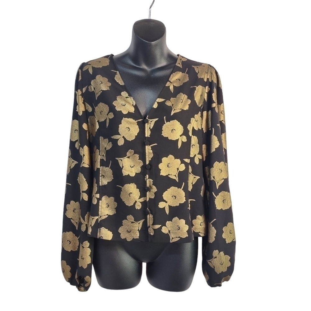 Ann Taylor Women's Black Gold Floral Print V-Neck Top Blouse Size S
